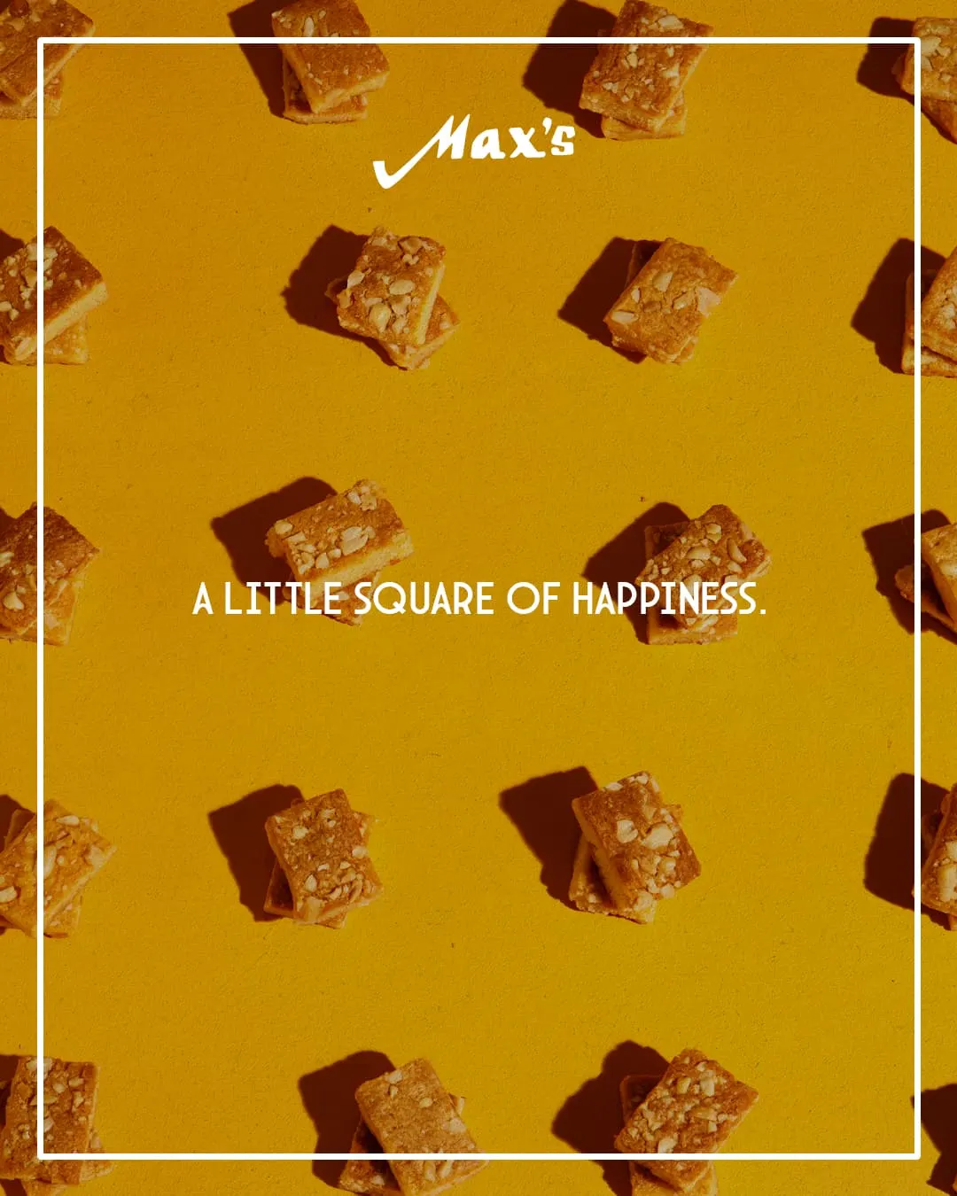 Peanut bars on yellow with the line A little square of happiness