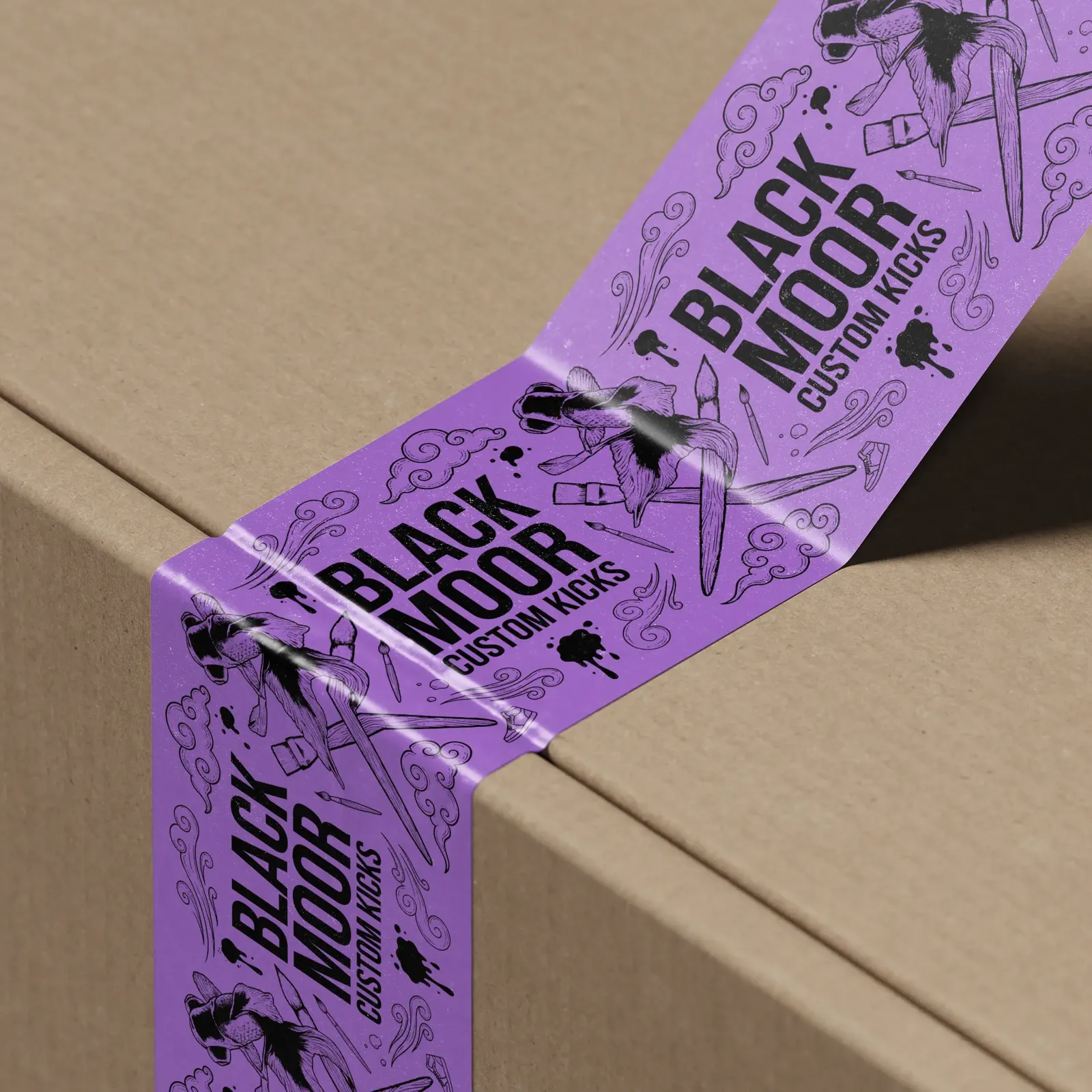 Purple Black Moor packing tape folded over the edge of a kraft box