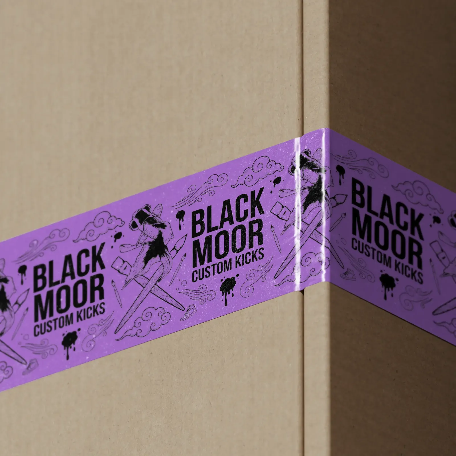 Purple Black Moor packing tape wrapped around the corner of a box