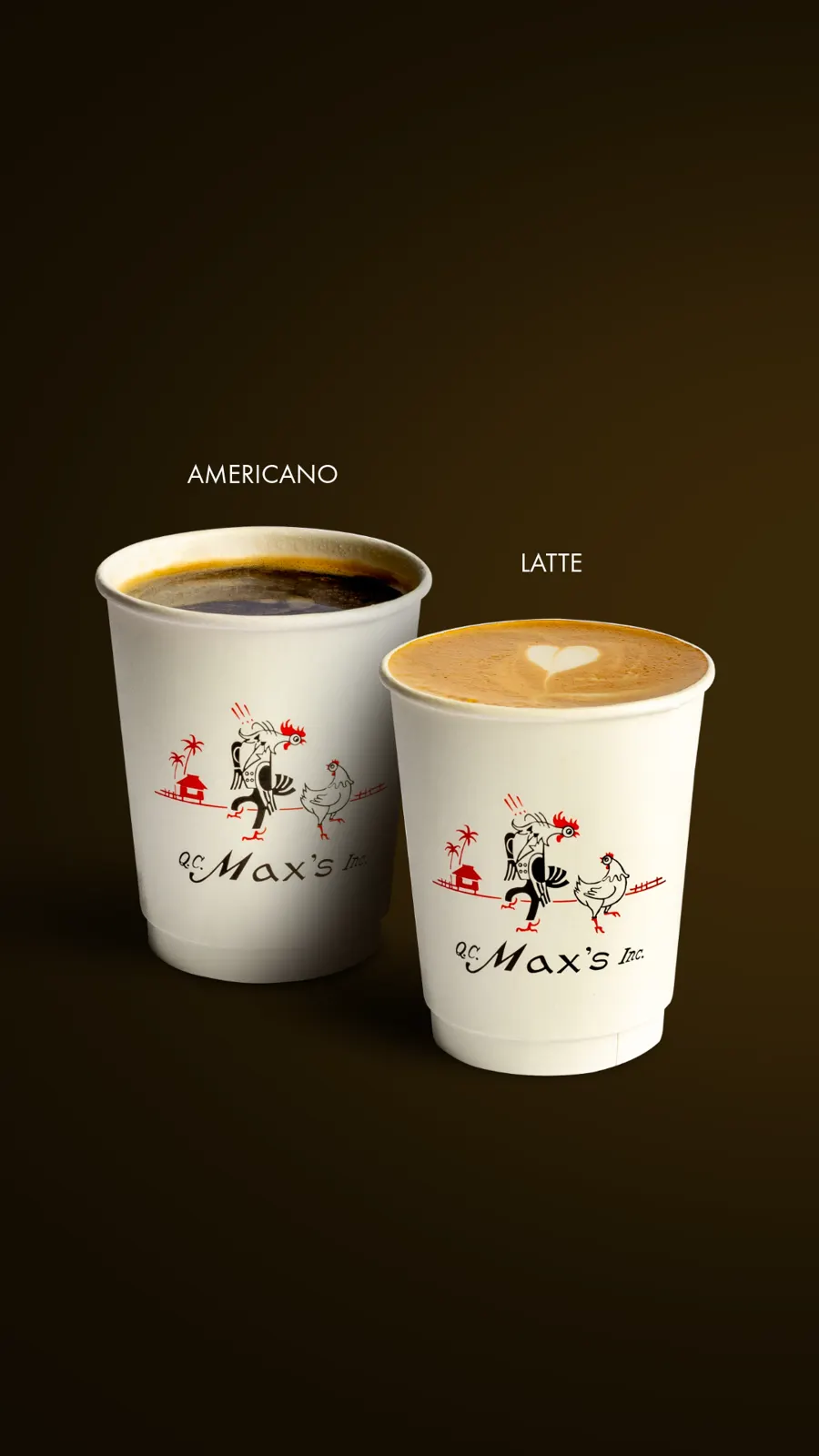 Max's Corner Bakery menu board with an Americano and a latte