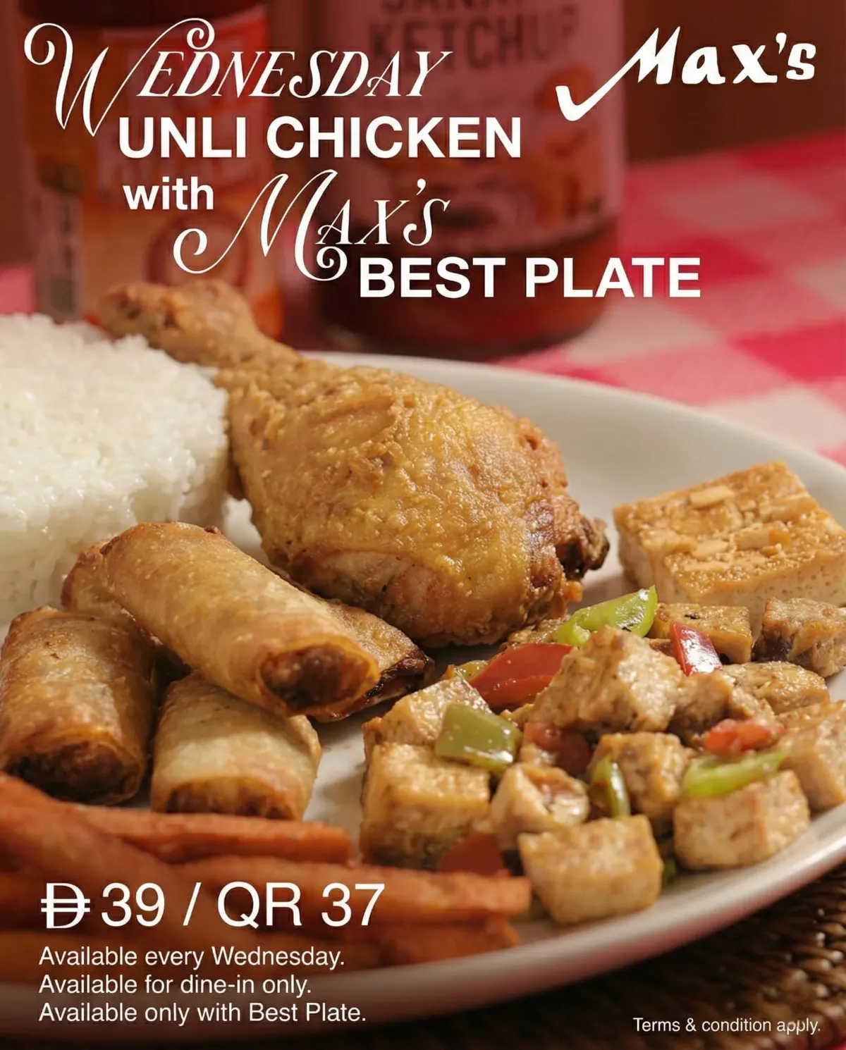 Max's Wednesday Unli Chicken poster with fried chicken, lumpia, rice and tofu on a plate