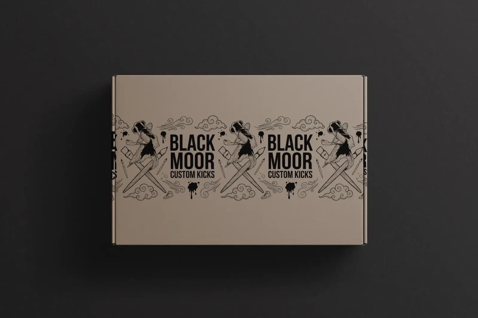 Kraft Black Moor brand box seen from above with a repeating black illustrated pattern