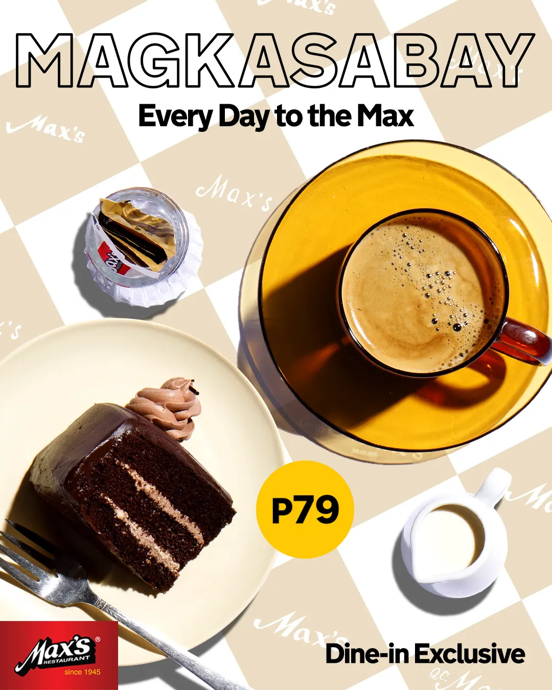 Max's Magkasabay poster with chocolate cake and coffee on a checkered table