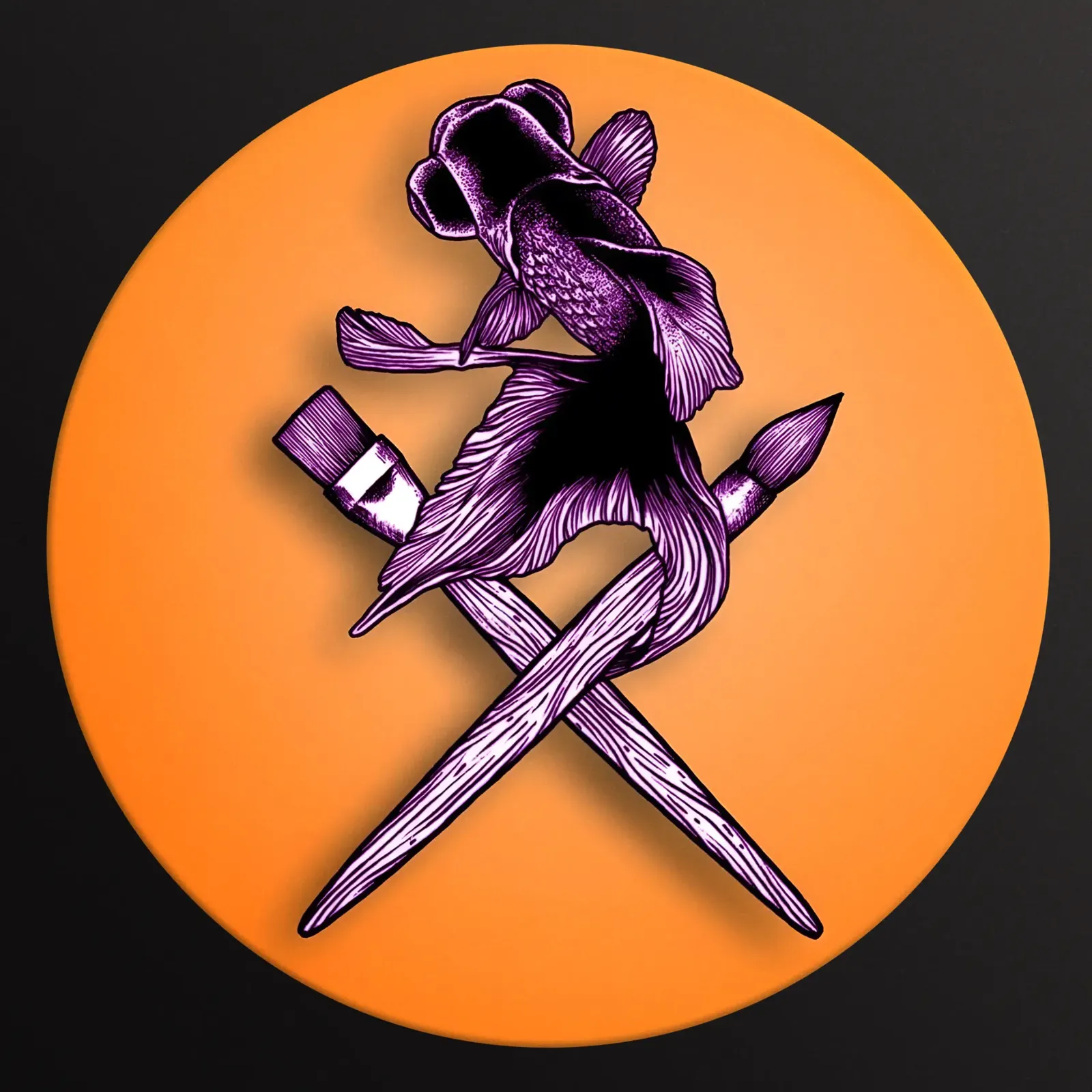 Black Moor logo: purple goldfish and crossed paint brushes on an orange circle