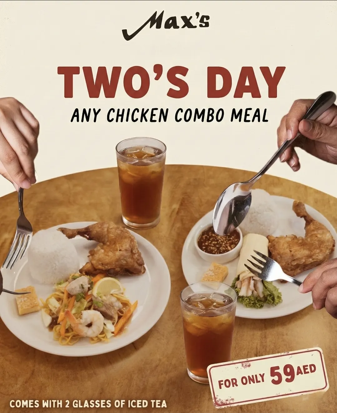 Max's Two's Day poster: two chicken combo meals with iced tea for 59 AED