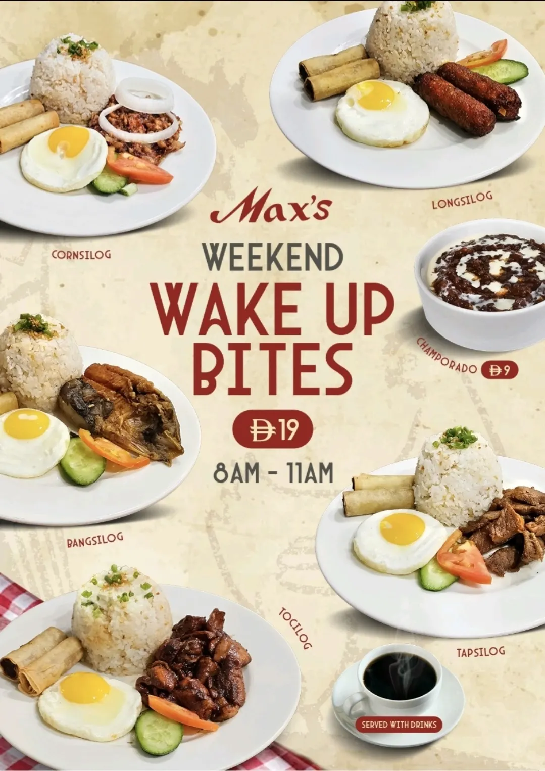 Max's Weekend Wake Up Bites breakfast poster with silog plates around the title