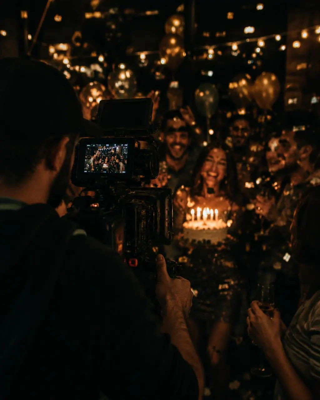 Videographer filming a birthday celebration as the cake arrives