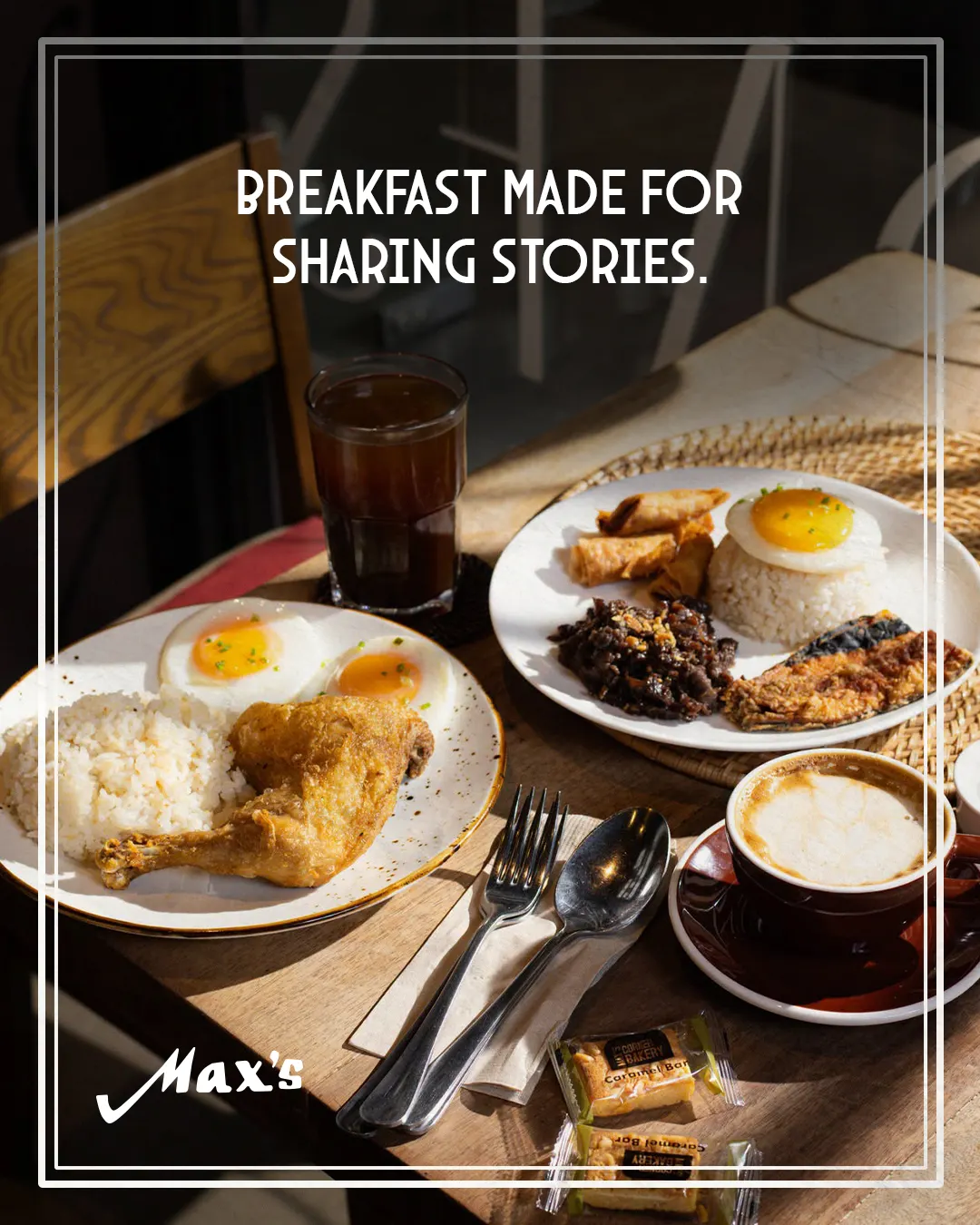Breakfast made for sharing stories poster with chicken, eggs and coffee