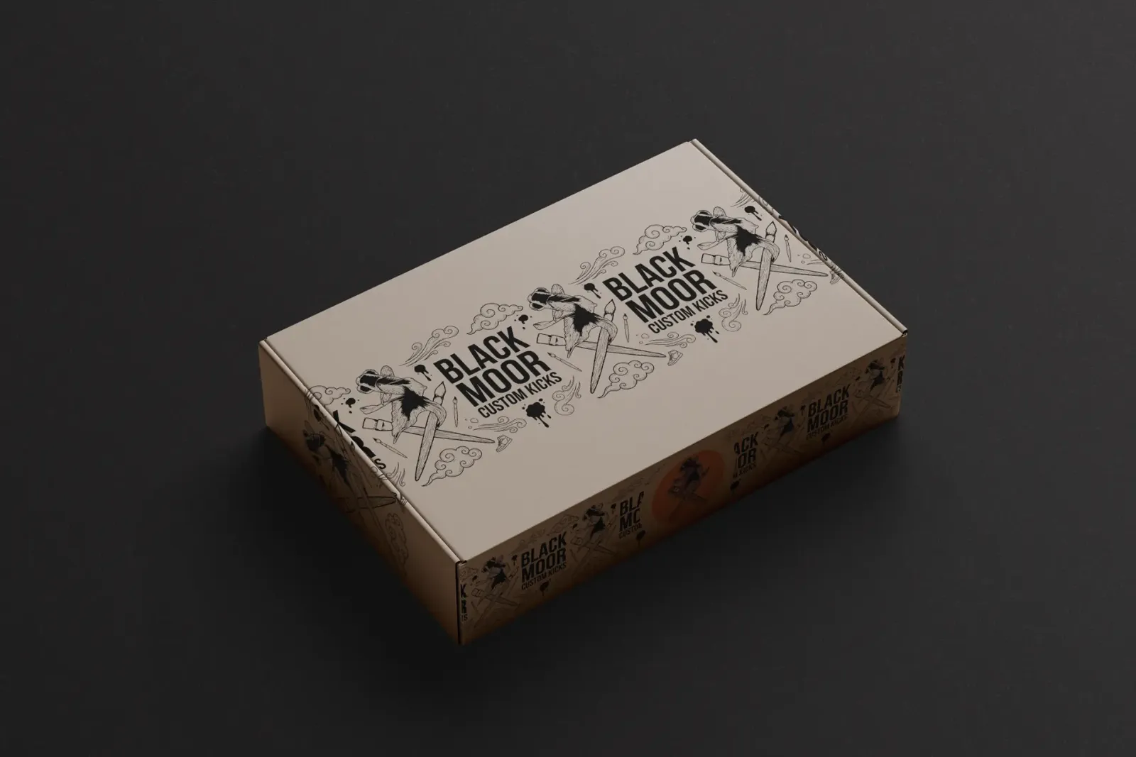 Closed Black Moor brand box at an angle on a dark surface