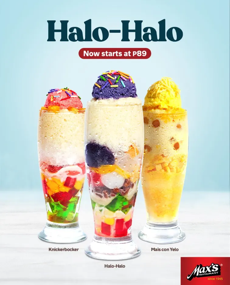 Three halo-halo desserts in tall glasses on a light blue background