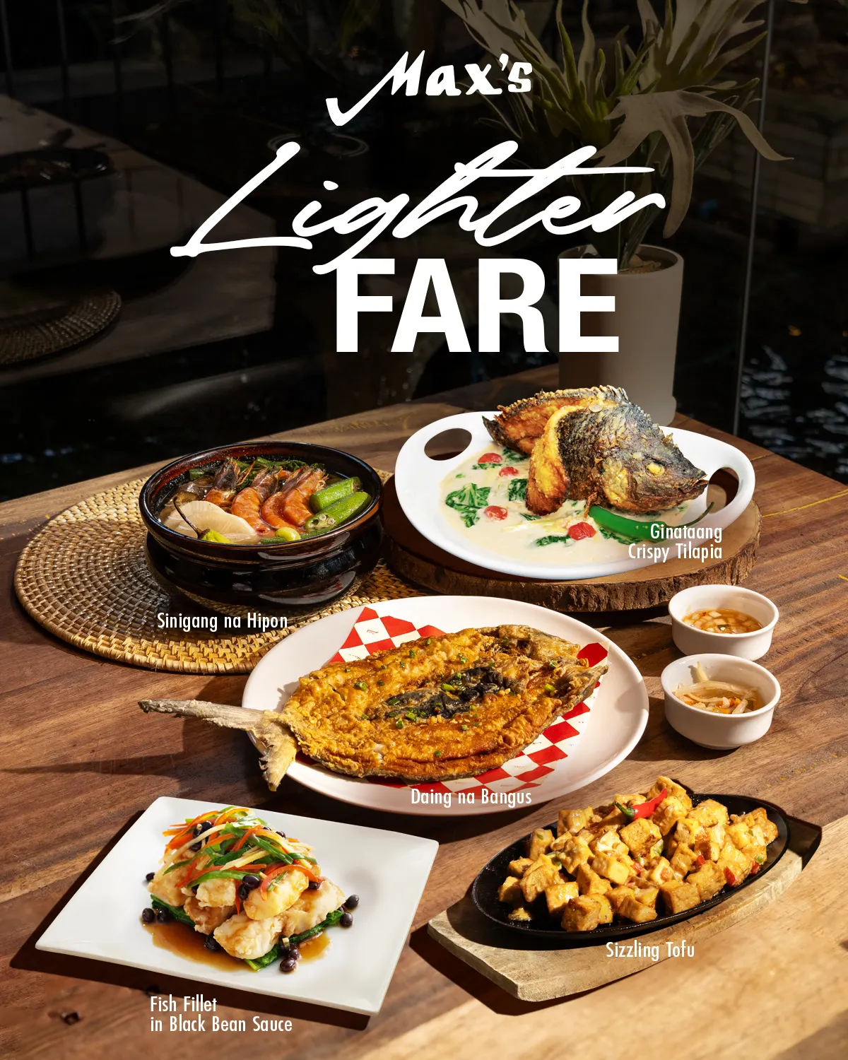 Max's Lighter Fare poster with fish, shrimp soup and sizzling tofu on a wooden table
