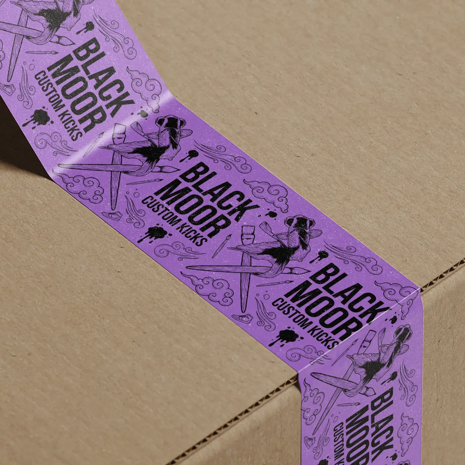 Purple Black Moor packing tape running across a kraft box
