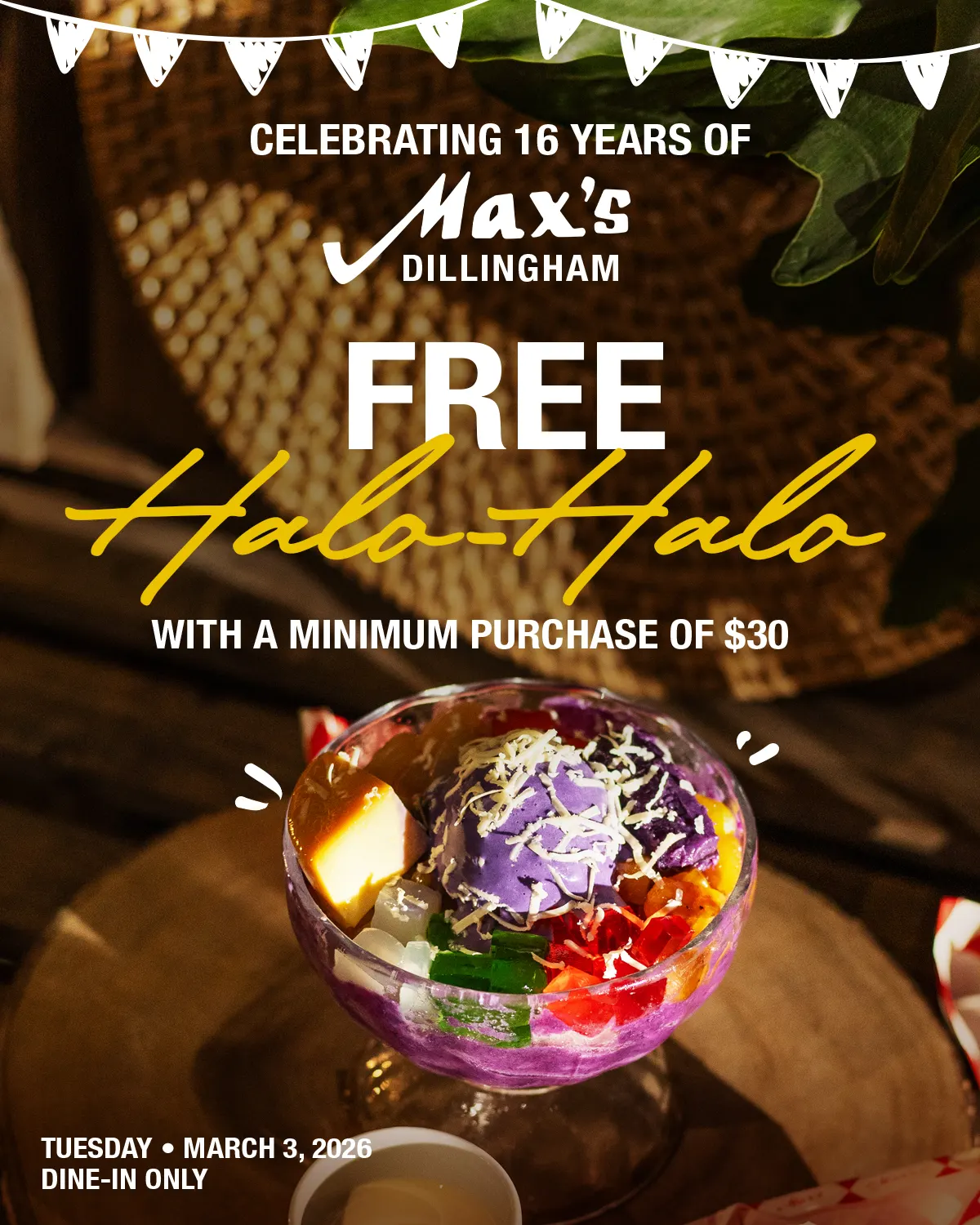 Max's anniversary poster offering free halo-halo with a minimum purchase