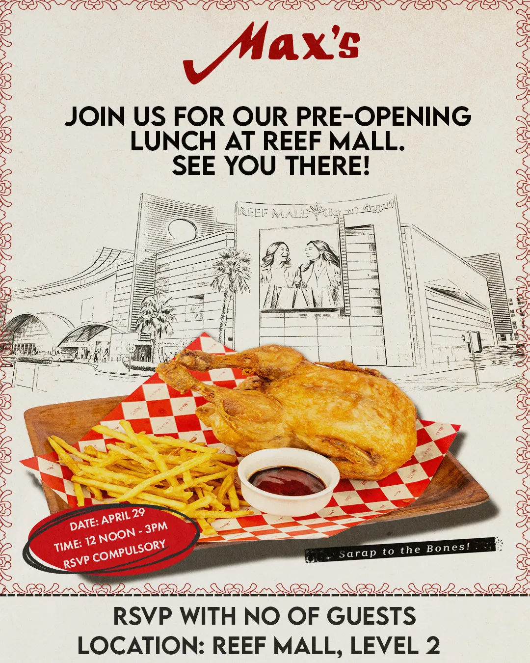 Pre-opening lunch invitation at Reef Mall with fried chicken and fries