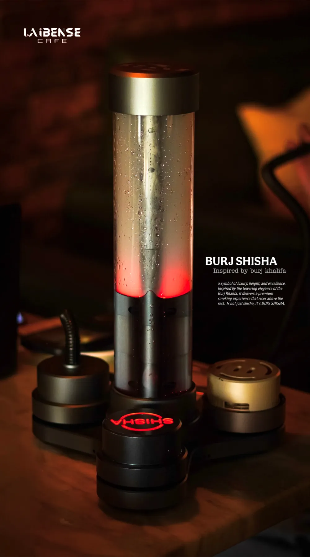 Burj Shisha poster: a tall glowing shisha inspired by the Burj Khalifa on a cafe table